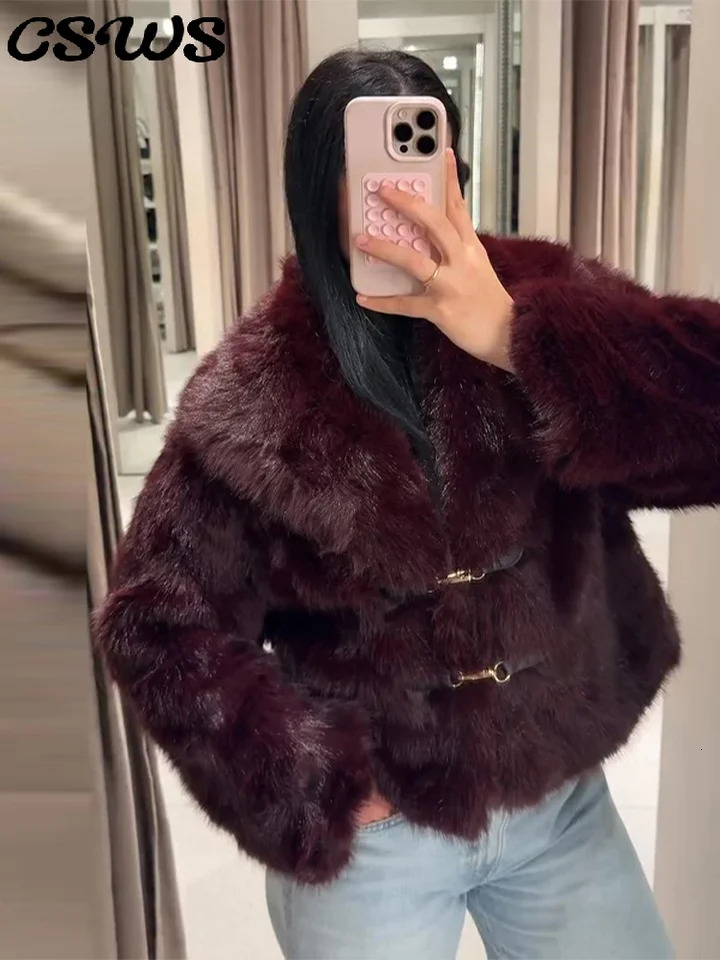 Elegant Burgundy Red Fur Coat Women Loose Warm Lapel Lace Up Full Sleeve Coats Female Chic Thicken Belt Winter Outwear Lady 251029
