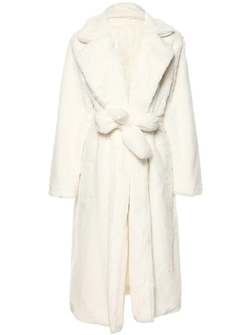 Long Faux Fur Coat Women Long White Fluffy Warm Maxi Coat Hood Lapel Sashes Loose High Waist Jackets 2025 Outerwear Jacket 251029