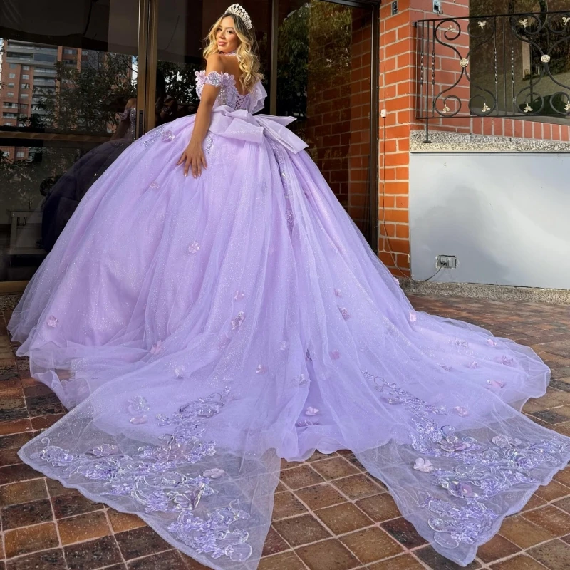 Lavender Shiny Ball Gown Quinceanera Dresses Off The Shoulder Applique Flower Beads Bow Tull Party Birthday Sweet 16 Dress Vestidos 15 anos