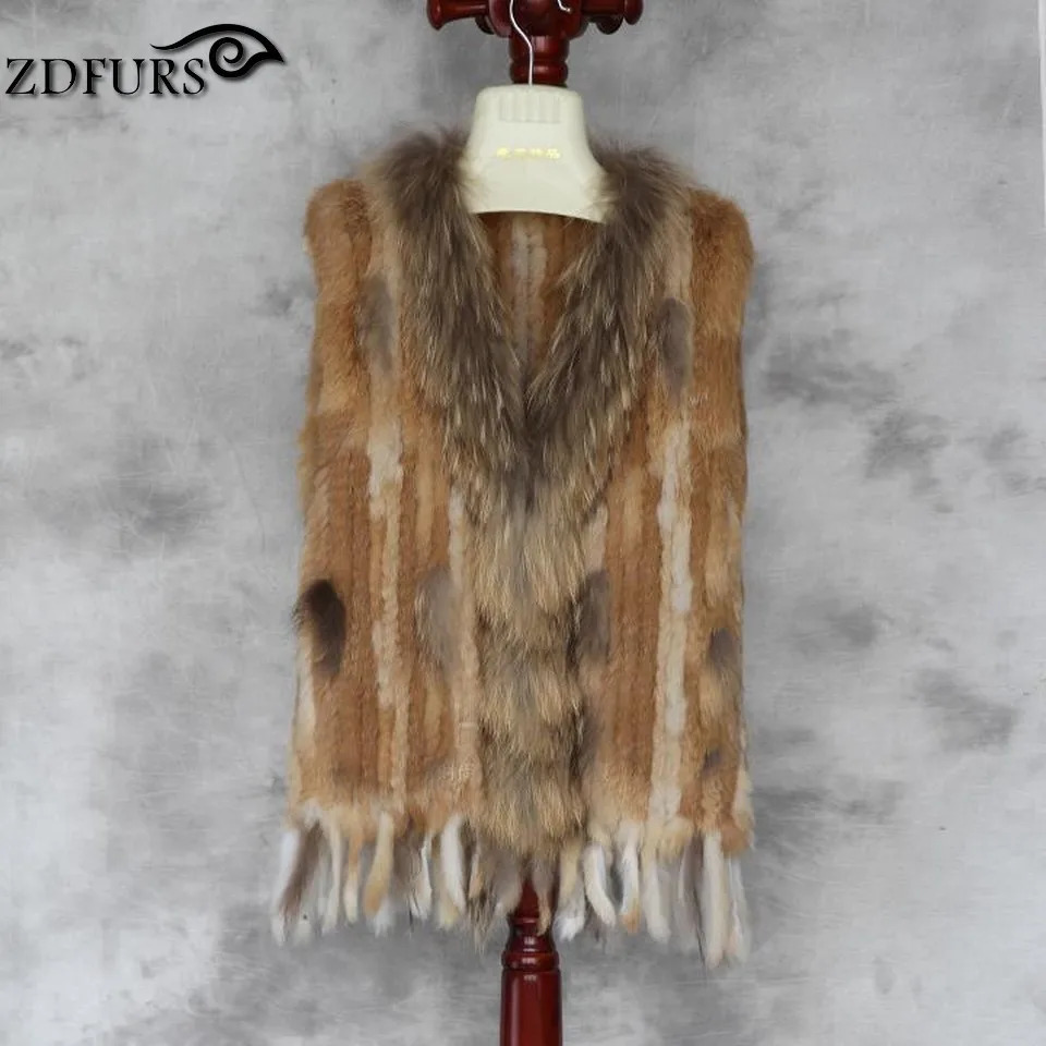 ZDFURS high quality knitted rabbit fur vest raccoon dog fur collar knitted vest rabbit fur waistcoat ZDKR165005 251029