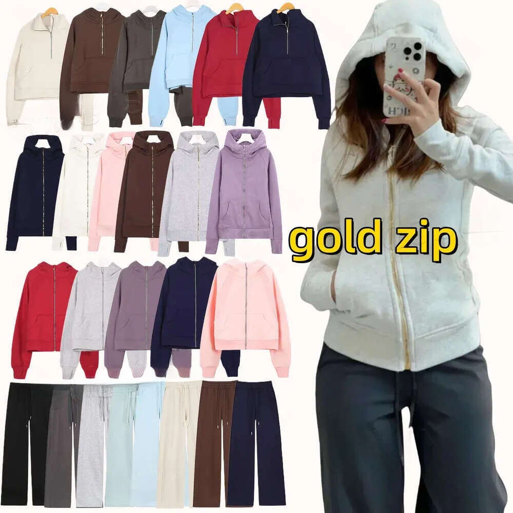 Full gold Zip scuba Hoodie Women Yoga Pants Sportswear Thermal Luluity Lemonism Sweatshirt Outdoor Sports warm Thick Long-sleeves jacket Luluity Lemonism set