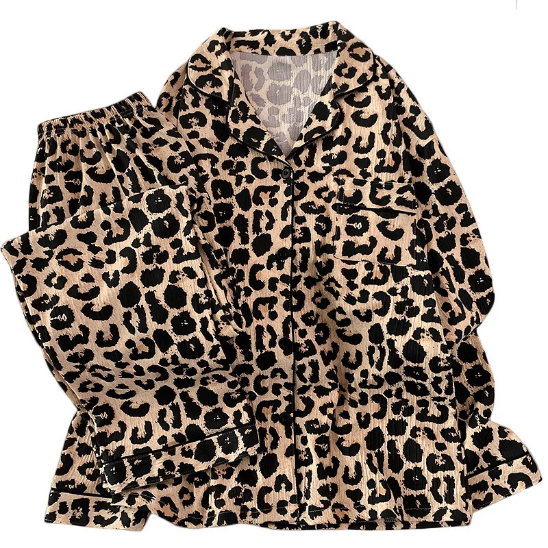 Spring and Autumn Womens Light y Pure Desire Leopard Print Pajamas Girls High Quality Wrinkled Fabric Homewear Set 251029