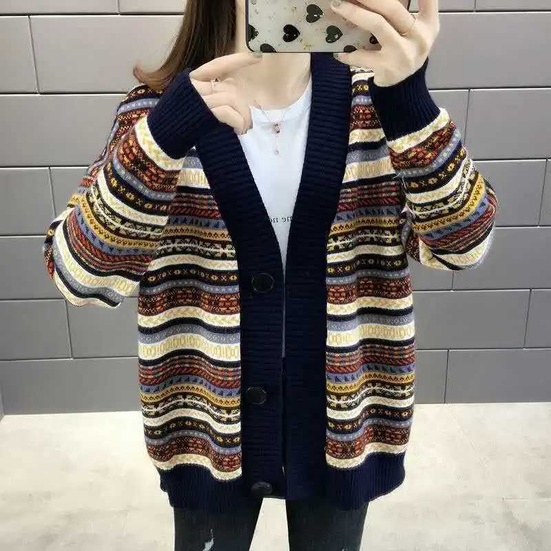Ethnic Striped Cardigan Womens Autumn and Winter 2023 New Korean Version Loose Sweater Knitwear Elegant Womens CoatT251028
