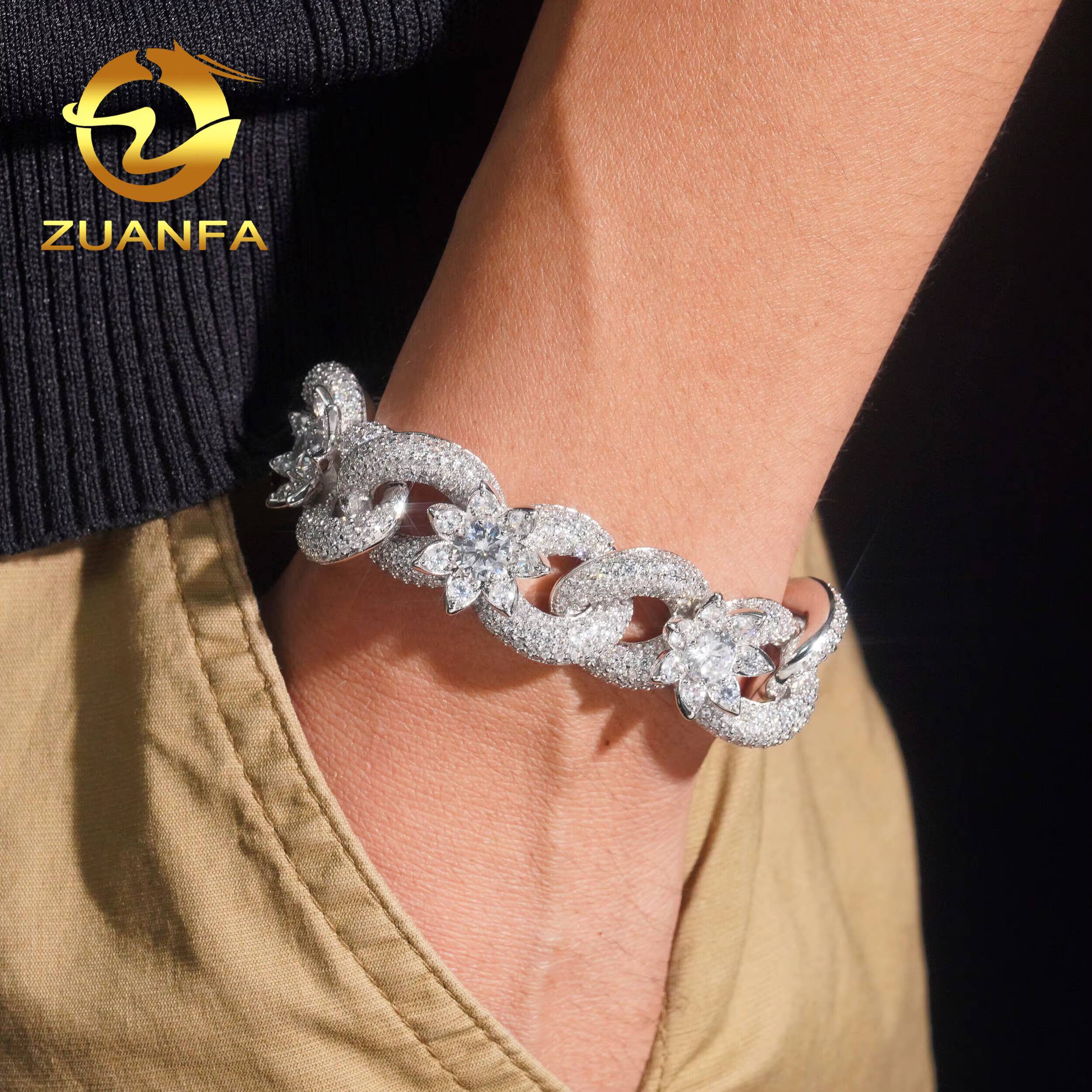 18mm Hip Hop Jewelry VVS Moissanite 925 Sliver Flower Link Chain Diamond Iced Out Infinity Miami Cuban Chain Necklace BraceletDesigner style