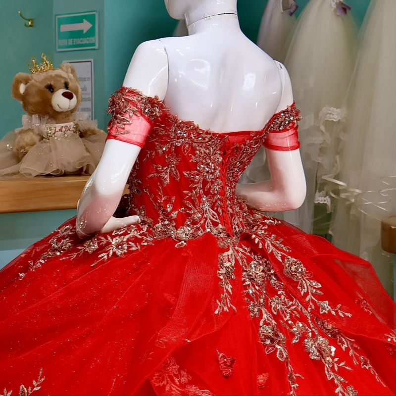 Red Shiny Quinceanera Dresses Off The Shoulder Applique Bow Beads Tull Party Birthday Sweet 16 Dress Vestidos 15 de anos