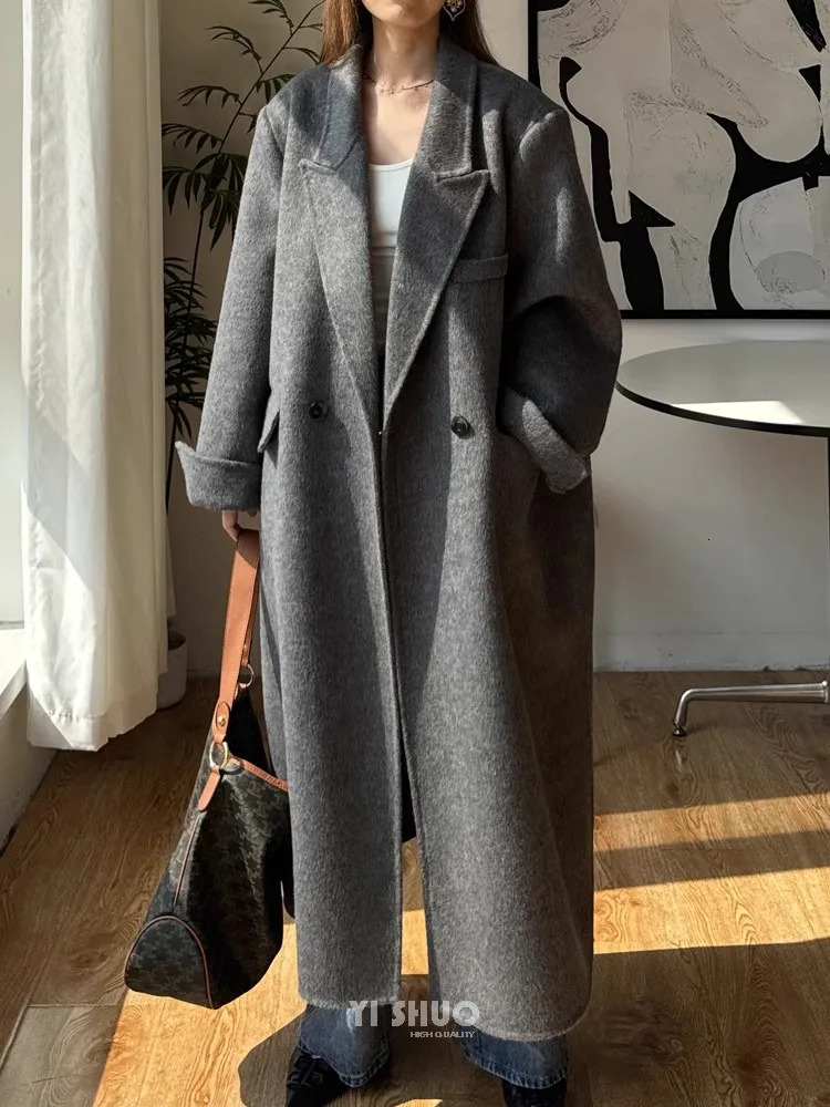 Long Loose Gray 100Wool Coat Women Korean Fashion Elegant Camel Winter Jacket 251028