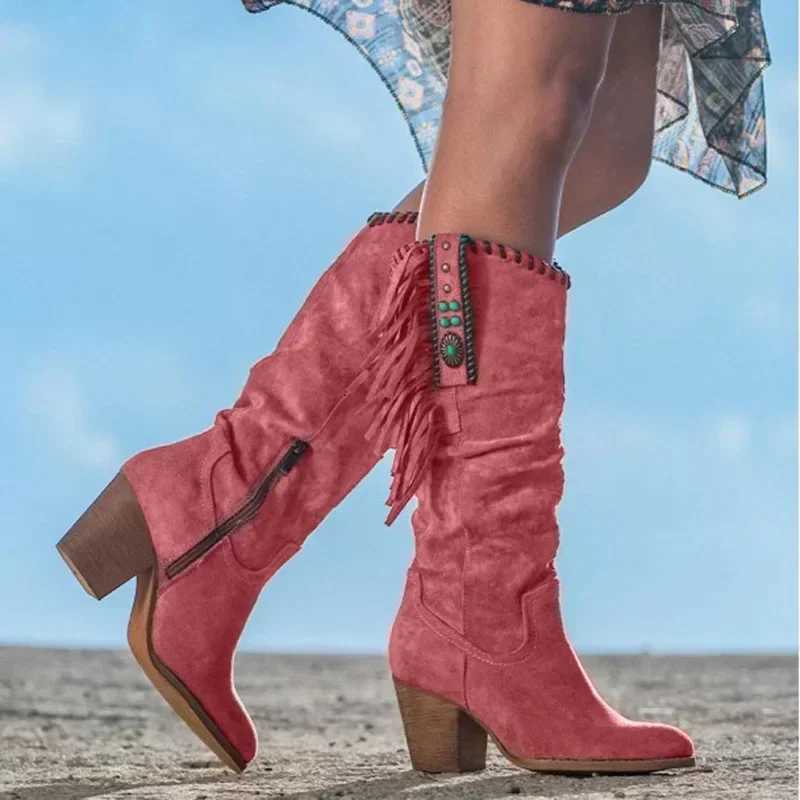 Retro Womens High Heel Boots Metal Buckle Pointed Toe Thick Heel Tassel Western Cowboy Women Boots 2025 Large Size Womens Shoes Z251029