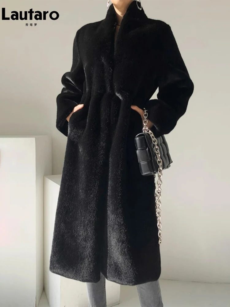 Lautaro Winter Long Black Elegant Stylish Thick Warm Fluffy Hairy Soft Faux Mink Fur Coat Women Stand Collar Sashes 251029