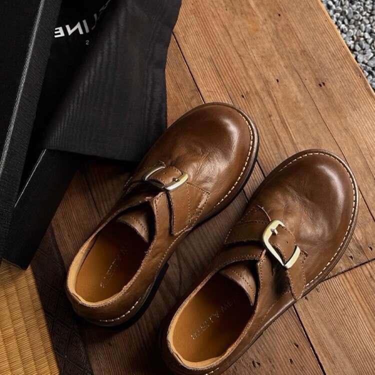 British Thick-Soled Leather Shoes New Belt Buckle Slip-On Loafers Designer Shoe Women's Style