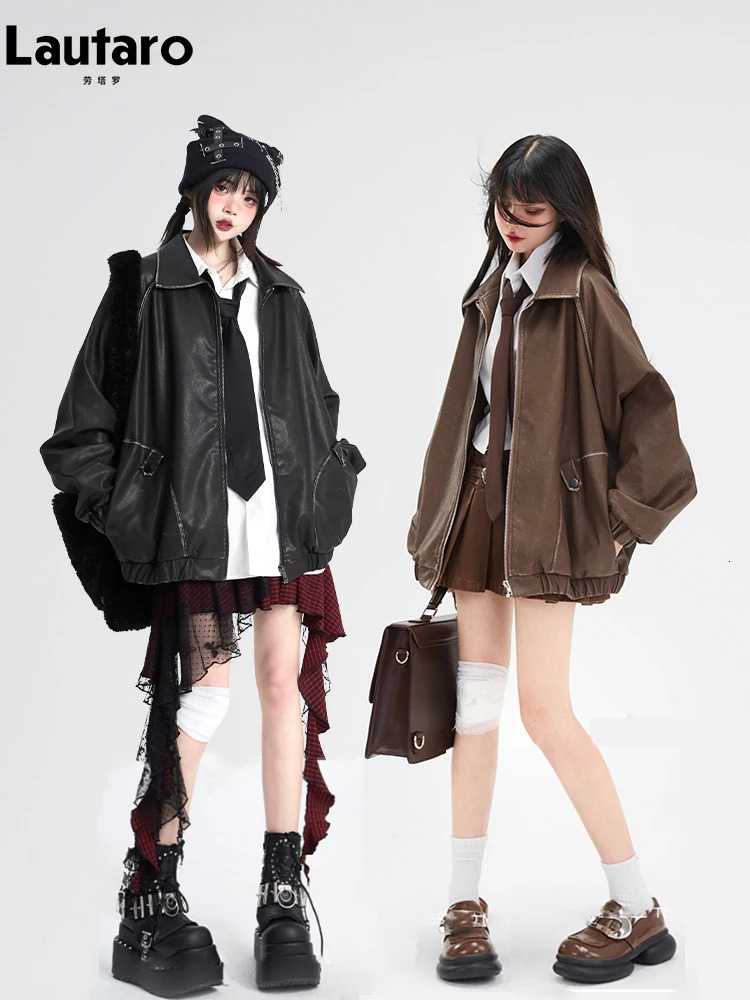 Lautaro Spring Autumn Cool Retro Oversized Distressed Black Soft Faux Leather Jackets for Women Zipper Maillard Style Clothes 251029