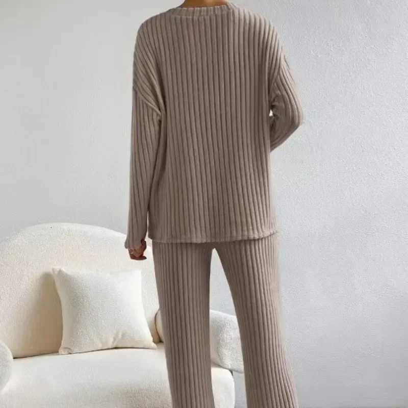 Womens Pajamas Autumn Winter New Casual Straight Pants Pullover Sleepwear Loose V Neck Knitted Home Wear Two Piece LoungewearT251029