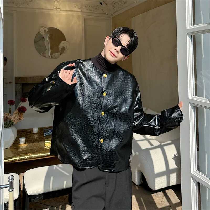 SYUHGFA Korean Style Mens Coats PU Leather Crocodile Pattern Round Collar Single Breasted Solid Color Casual Male Jackets 2024T251029