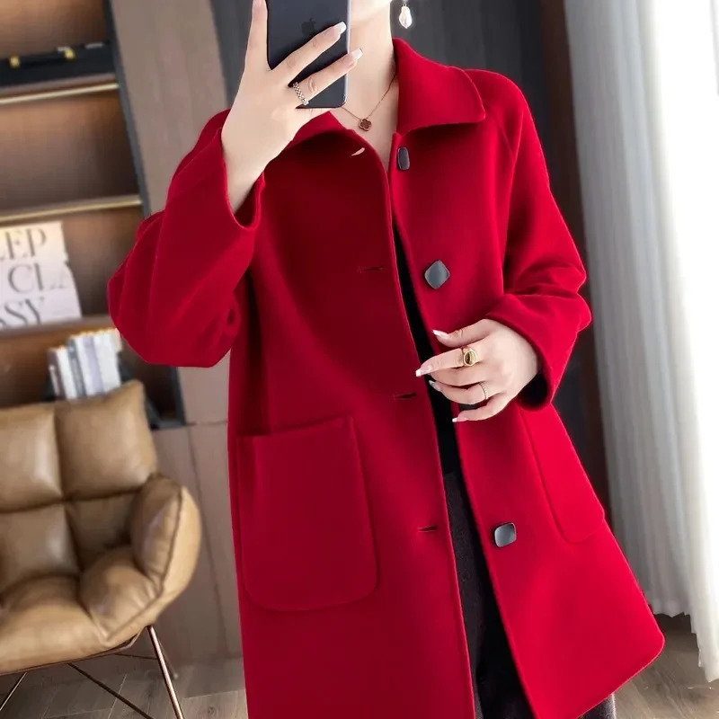 Autumn Winter Doll collar Doublesided Wool Coat Womens Fashion Medium length Slim Woolen Coats Female Single breasted 251028
