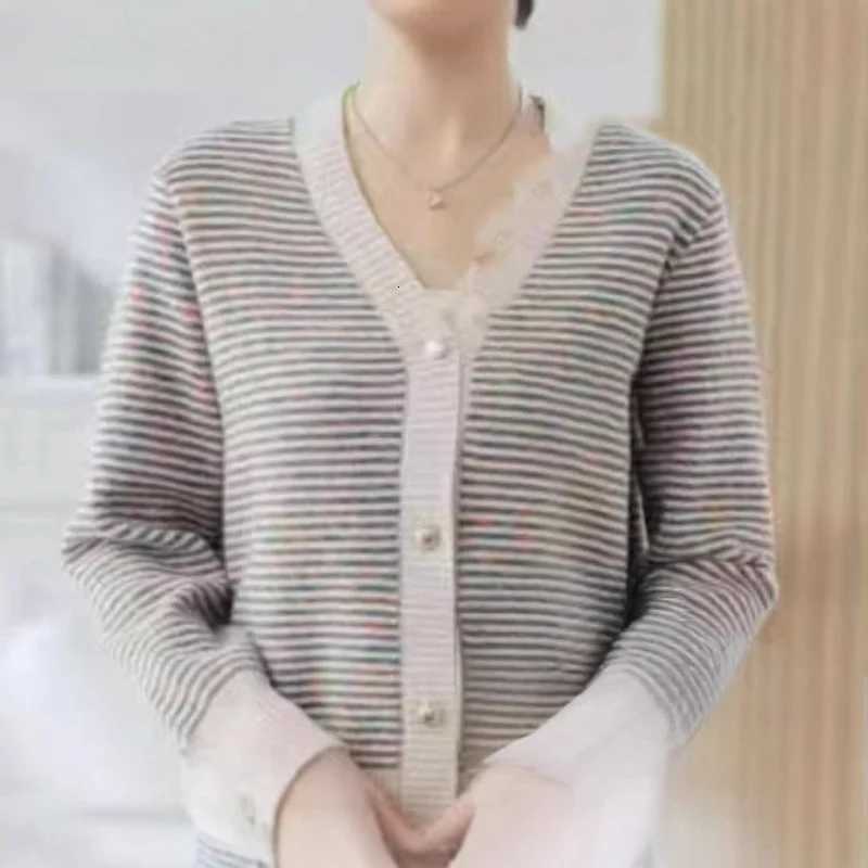 New Contrasting Striped Vneck Sweater Womens Loose Casual and Versatile Sweater Jacket Cardigan TopT251028