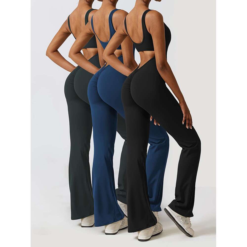3Pcs Flattering Solid Color Cut-Out Backless Yoga Bodysuit Jumpsuit Women's Activewear With Chest Pad Flared Gym Pants - Comfortable And Breathab