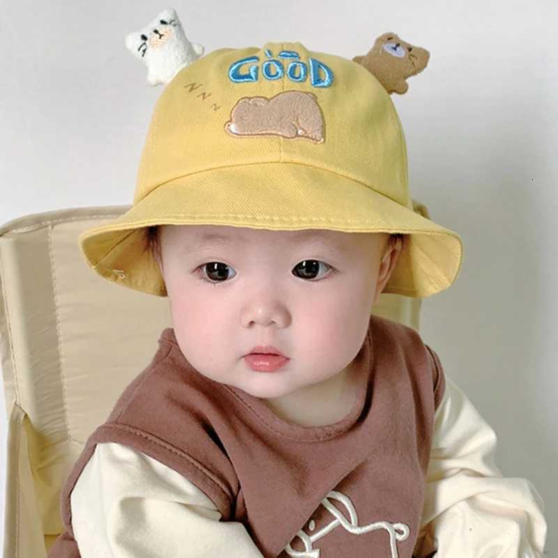 Cartoon Bear Baby Bucket Hat Solid Color Ear Infant Fisherman Cap Kawaii Embroidered Widebrim Kids Boy Girl Panama Sun Hats251028