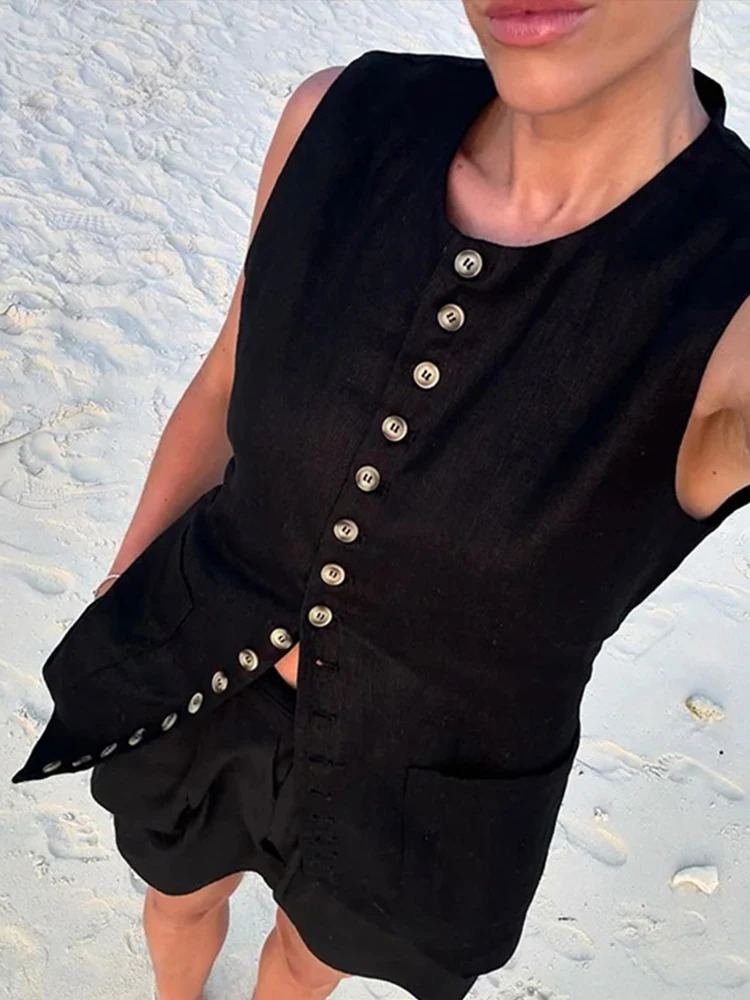Elegant Single Breasted Long Vest Women Summer Oneck Sleeveless Slim Back Lace Up Tank Tops Fashion Lady Office Waistcoat 251029