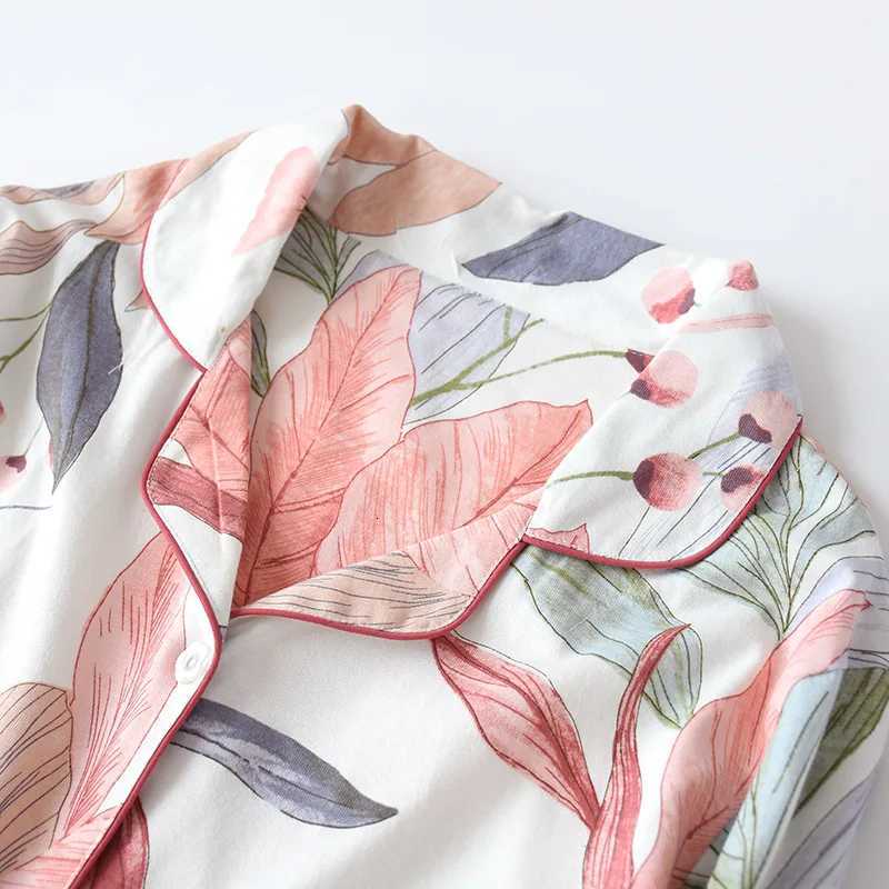 Women Long Sleeve Nightwear Autumn 100 Cotton Knitted Pajama Set Turndown Collar Leaves Printing Pajamas Loungewear SleepwearT251029