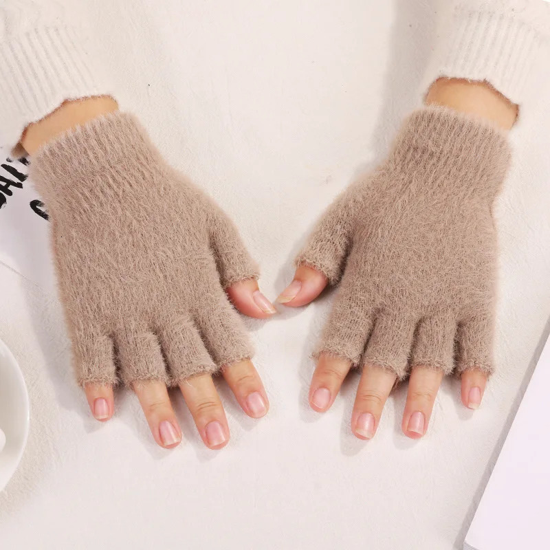 Winter Warm Knit Gloves Half Finger Men Women Thermal Gloves Autumn Solid Color Adult Writing Office Thick Elastic Plush Gloves 251029