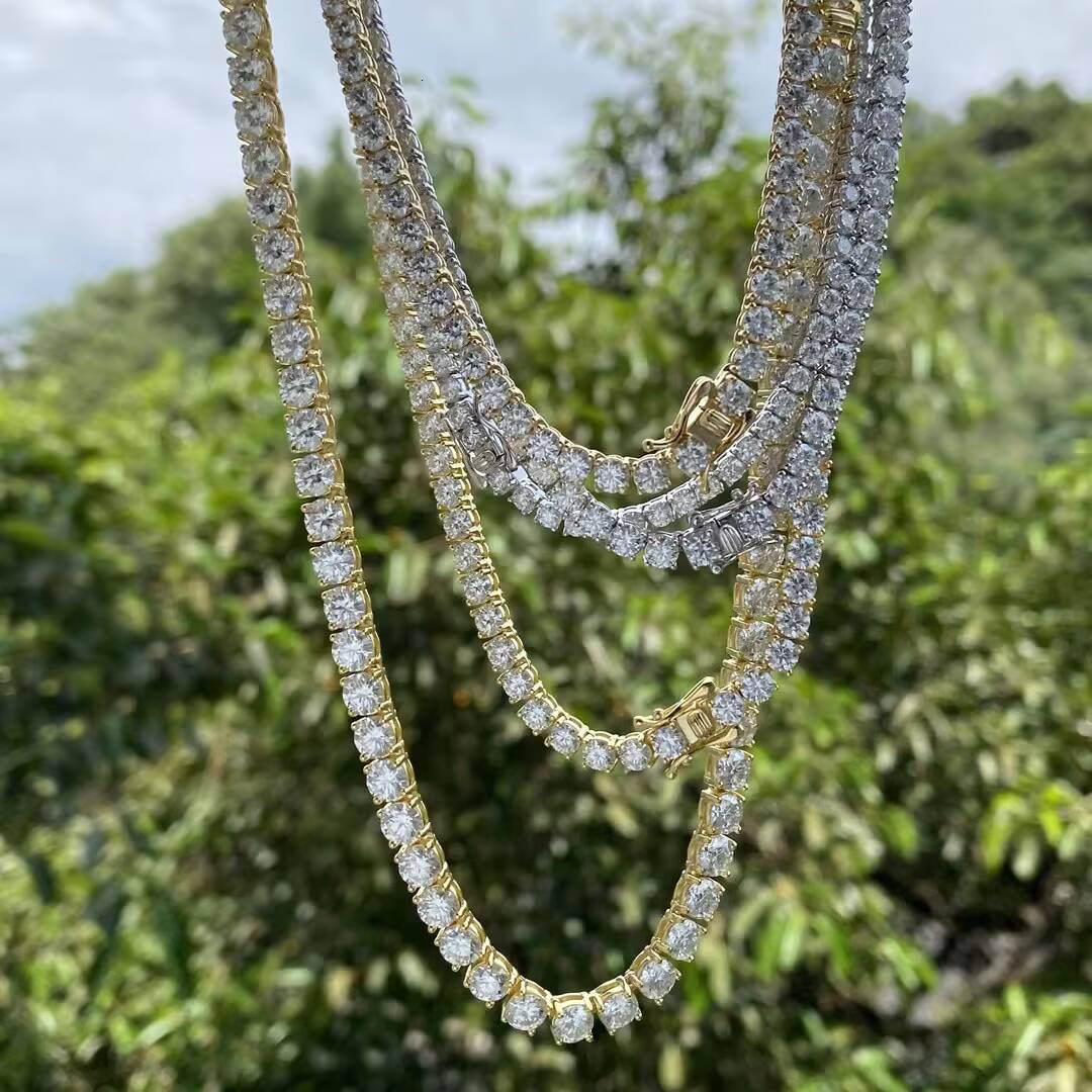 Wholesale D VVS Round 3MM 4MM 5MM 6MM Men Plated White Gold Moissanite Tennis Chain S925 Sterling Silver