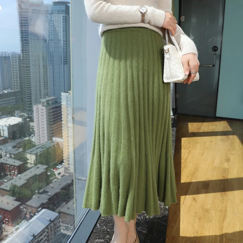 Autumn And Winter Fashion Mink Cashmere Mid Length High Waist Skirt For Women Knitted Umbrella Skirt Fashionable Pleated Skirt 251028