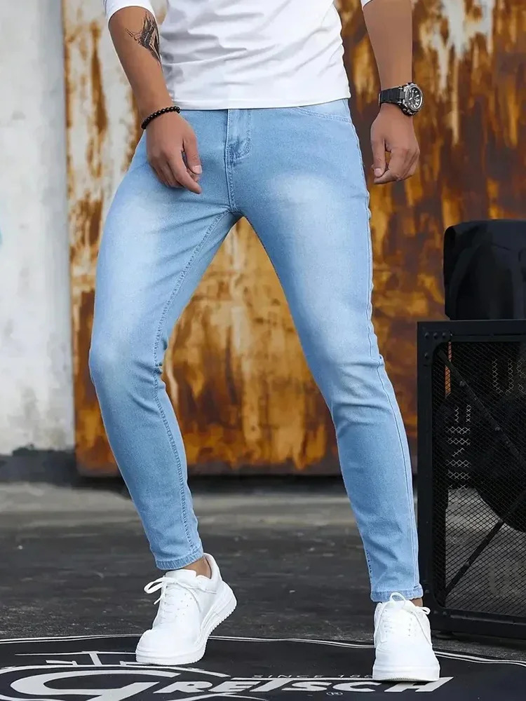 Men Jeans Stretch Skinny Denim Pants Solid Color Black Blue Spring Street Harajuku HipHop Style Slim Fit Trousers 251029
