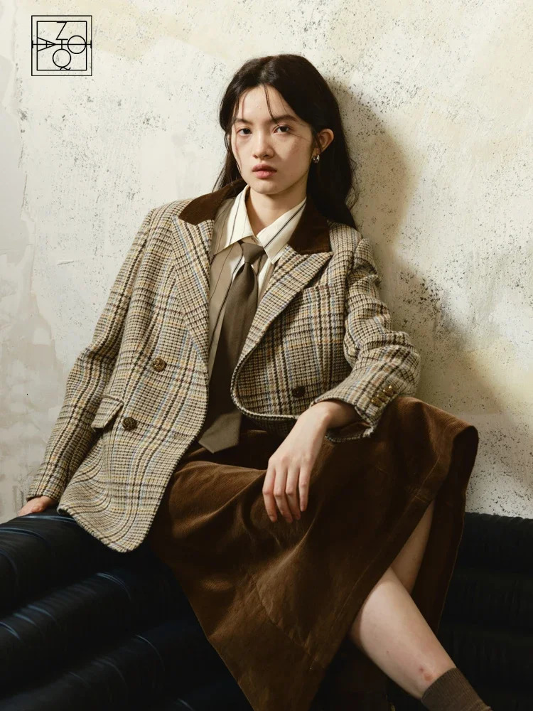 ZIQIAO 100 Wool Brown Retro Woolen Suit Jacket For Womens Winter Plaid Short Solid Women Jackets Casual 251028