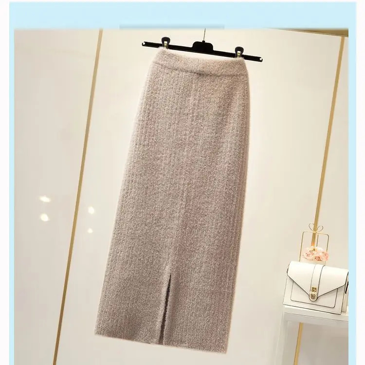 Mink velvet skirt female autumn and winter midlength knitted onestep skirt split straight winter skirt casual solid long skirt 251028