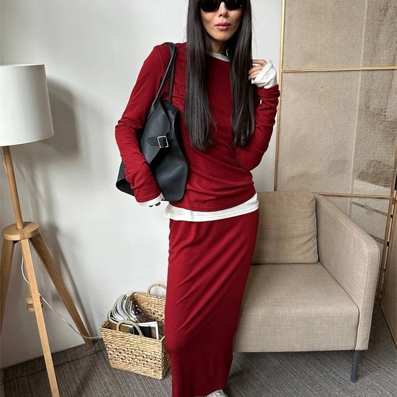 Hirsionsan Modal Soft Loose Sets Women 2025 Casual Two Pieces Long Sleeve T Shirts and High Waist Dresses Outfits Tracksuit 251028