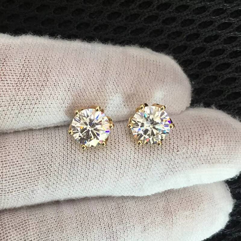 Free Shipping Fine Jewelry Two Carat Round Cut Moissanite Diamond Lotus Shape 14k Solid Yellow Gold Stud Earring