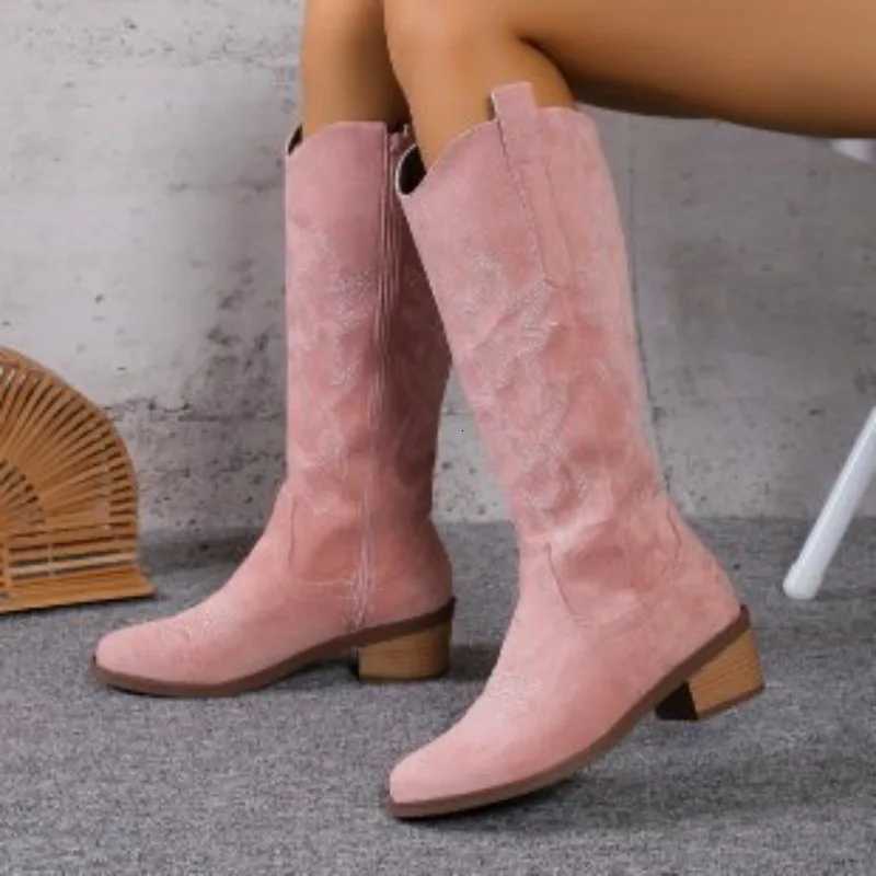 Winter New Coarse Heel Look Thin Tall Long Boots Not Over Knee Embroidered Retro Western Cowboy Boots 2025 New Z251029