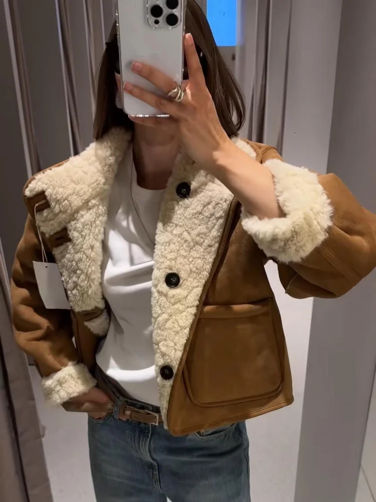 Winter Suede Faux Fur Reversible Jacket For Women Y2k Lapel Single Breasted Pockets Coats Lady Chic Warm Casual Outerwear 251028
