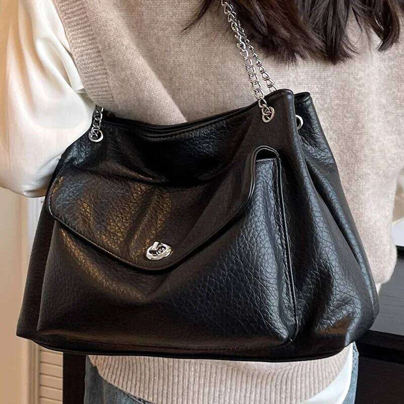 Female Large Black Tote Handbag Multi Pocket Ladies Metal Chain Shoulder Bag Soft Pu Leather Women's Serviceable Crossbody Bags 251029