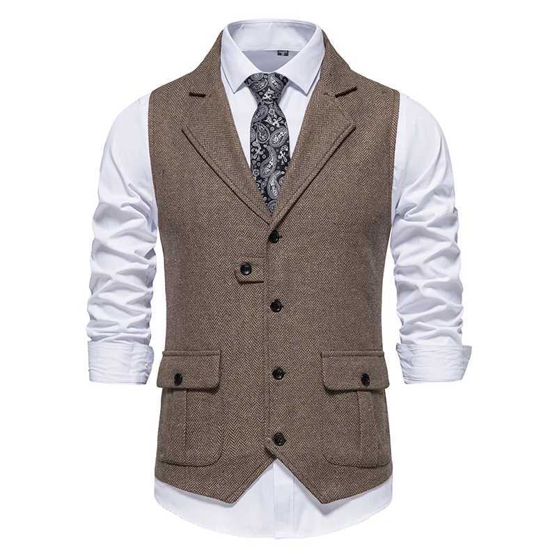 Men Suit Vest Herringbone Fabric Waistcoat Business Wedding Casual Turndown Collar Mens Dress Blazer Vests Formal Party V07 W251029