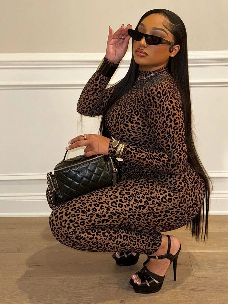 Nibber See Through Sexy Leopard Mesh Jumpsuit Women Hipster Zip Stretch Midnight Workout Autumn Fitness Street Overalls 251029