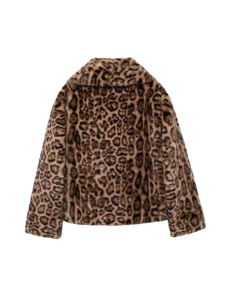 Womens Thick Warm Leopard Faux Fur Jacket Lapel Collar Coat Long Sleeve Female Outerwear Chic Tops Fashion 251029