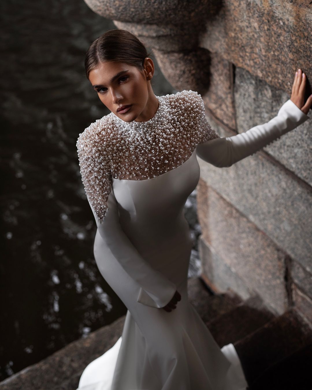 Luxury Pearl Beaded Mermaid Wedding Dresses Plus Size Long Sleeves Illusion High Neck Bridal Gowns Formal Bride Dresses Engagement Gowns