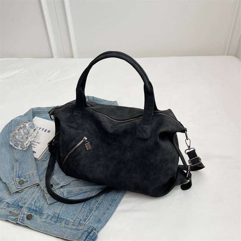 Black Large Handbag For Women Retro Nubuck Leather Serviceable Sweethearts Camp Travel Crossbody Bags Female Boston Shoulder Bag 251029
