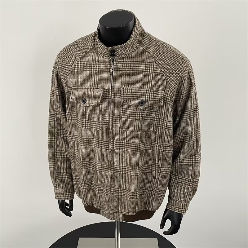High-end Houndstooth Woolen Jacket Men's Trendy Designer Jacket Short Coat American Stand Collar Baseball Jacket