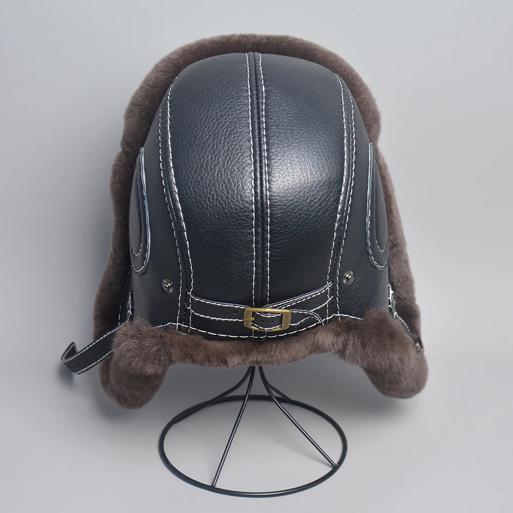 2025 Mens 100 Natural Rex Rabbit Fur Bomber Hats Winter Russian Man Warm Real Sheepskin Leather Hat Male Real Fur Caps 251029