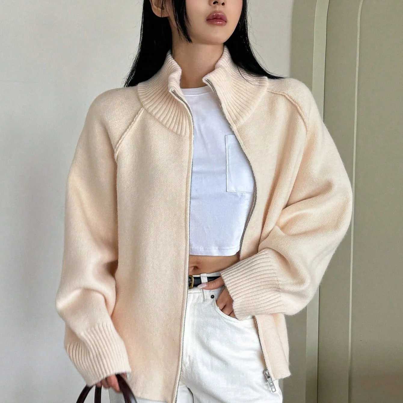 Cardigan Women Sweaters Zipper Coats Stand Collar Full Sleeve Jumpers Y2k Streetwear Elegant Knit Open Stith Autumn WinterT251028