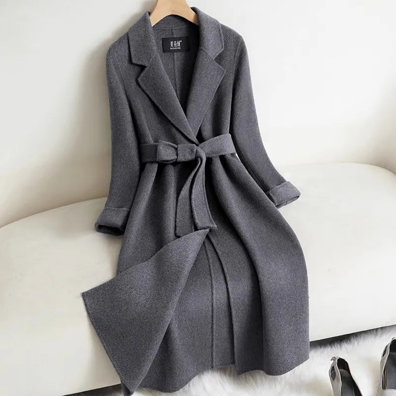 Black Doublesided Cashmere Jacket Womens Long Coat 2025 Autumn Winter Temperament Wool Coats Female Belt Long Overcoat 251029