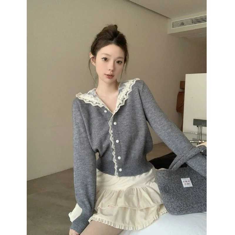 Lace Hooded Long Sleeve Knit Sweater Women Short Casual Top Winter ChicT251028