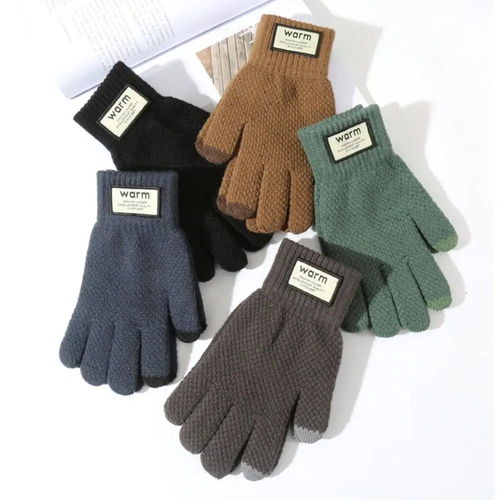 Men Winter Warm Knitted Gloves Windproof Solid Color Touch Screen Gloves Thickened Plush Cycling Gloves 251029