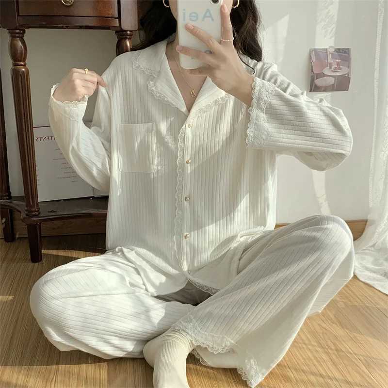 High Quality Korean White Pajamas For Women Sweet Lace Cotton Sleepwear Set Long Sleeve Autumn Winter Home Wear Pijamas SuitT251029