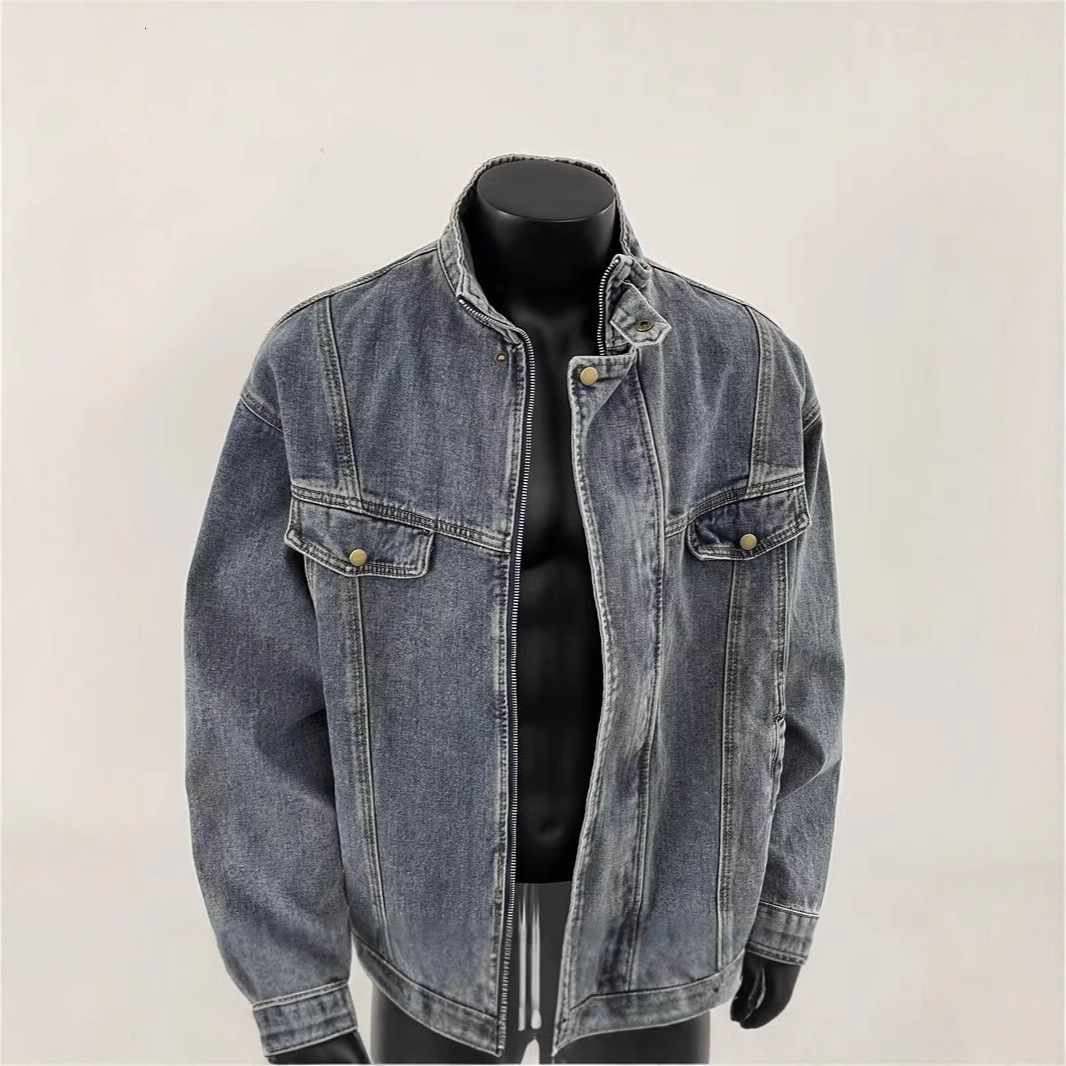 Spring New Men's Denim Jacket Heavy Wash Stand Collar Casual Designer Jacket Loose Trendy American Style High-end Top