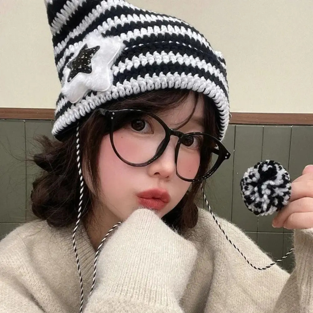 Y2K Beanie Hat Women Ins Devil Ear Striped Knitted Wool Cap Autumn Winter Hiphop Crochet Cute Cat Ears Pointed Pullover Hats 251029