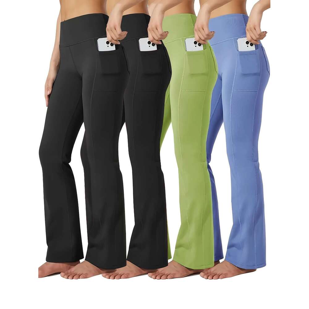Plus size 4pcs set of sports pants with phone pocket, fashionable and casual hip lifting exercise yoga fiess bell pants, Women's sportswear
