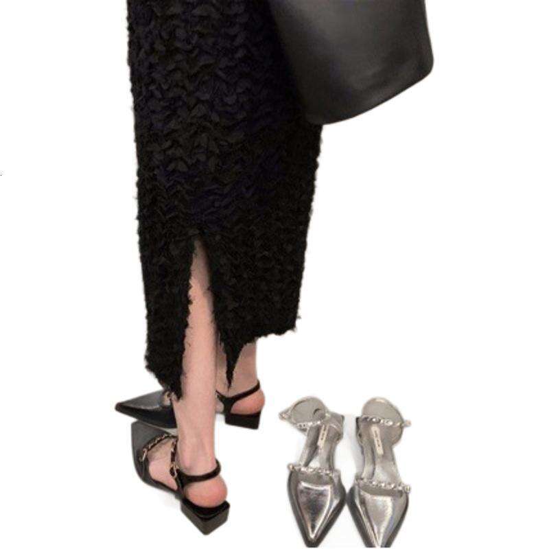 Chunky Heel Silver Closed-Toe Sandals Fairy 2025 New Summer Elegant Designer Shoe French Mary Jane Pointed Toe Single Shoes