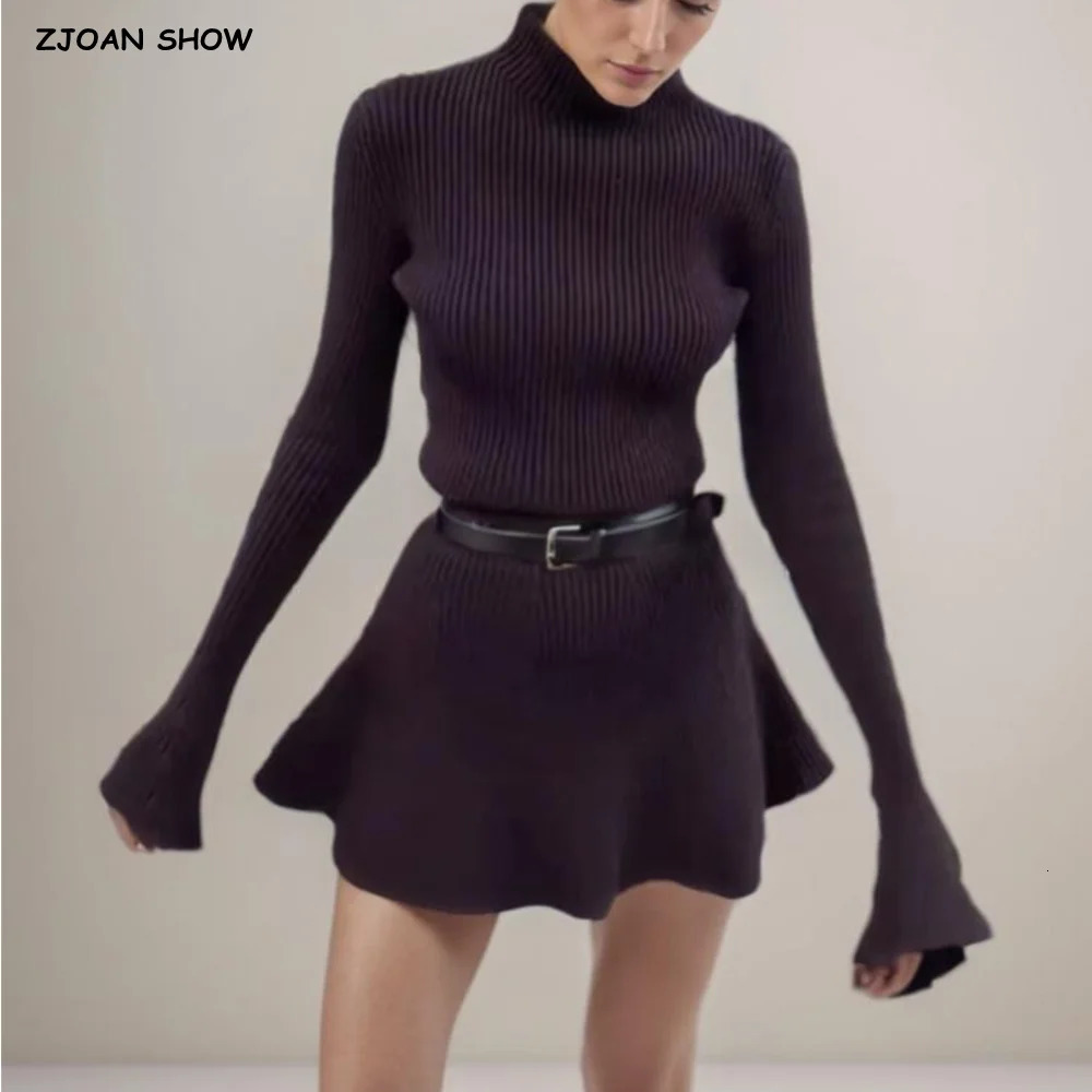 2025 Sexy High Collar Rib Line Knitted Long Flare Sleeve Sweater Dress Women Slim Waist Swing Short Dresses Knitwear Robe Brown 251029